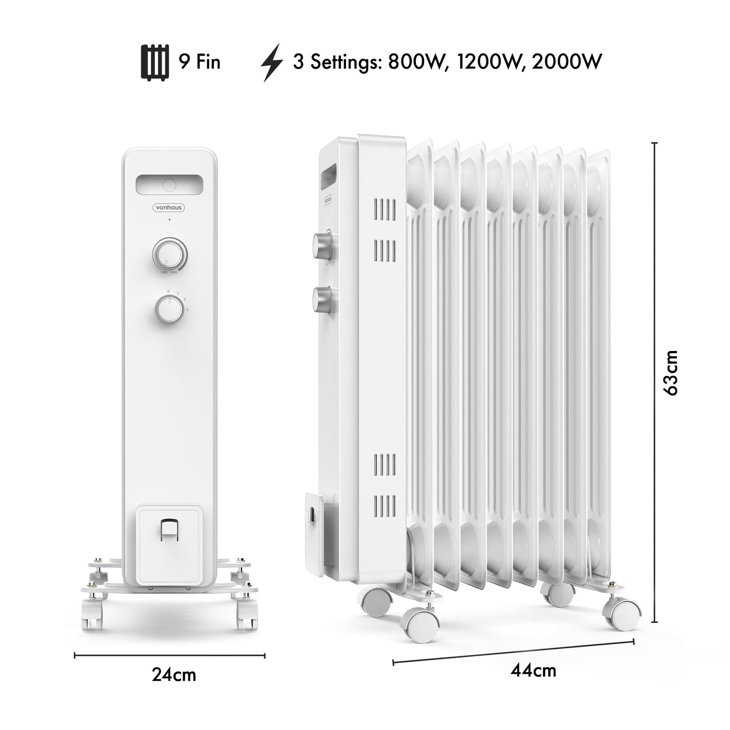 VonHaus Oil Filled Radiator 9 Fin – Oil Heater Portable Electric Free Standing 2000W for Home, Office, Any Room – Adjustable Thermostat, 3 Heat Settings, 4x Wheels, 1.5m Power Cable – 2 Year Warranty