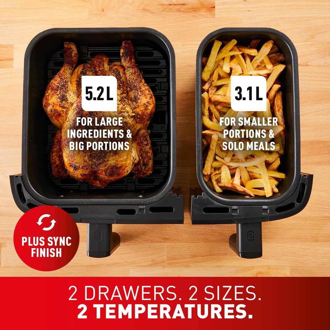 Tefal Easy Fry Dual Zone Digital Air Fryer, 2 Drawers, 8.3L, 8in1, Air Fry, Extra Crisp, Roast, Bake, Reheat, Dehydrate, 6 Portions, Non-Stick, Dishwasher Safe Baskets, Black & Metal EY901840