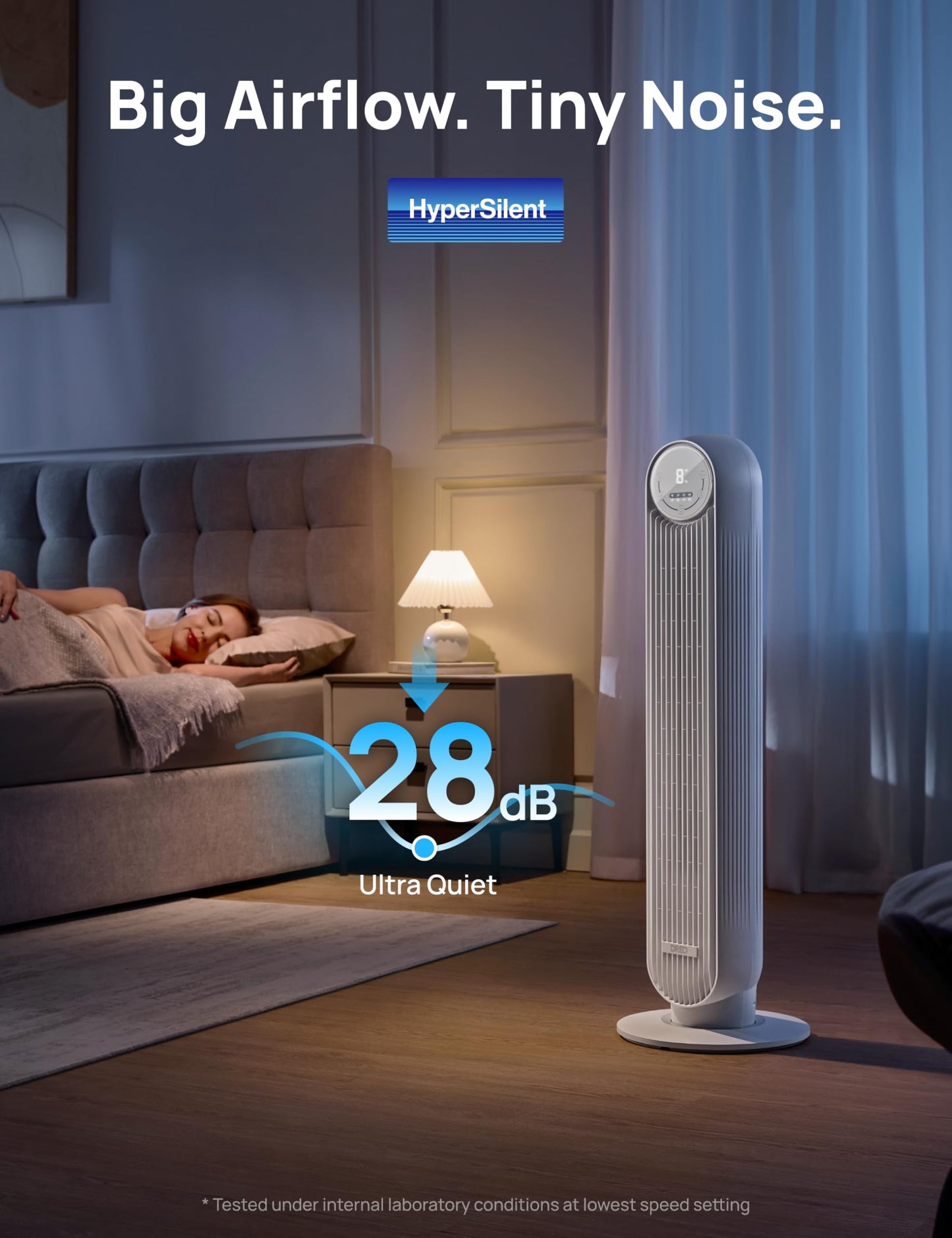 Dreo 28dB Silent Tower Fan, 25ft/s Velocity Electric Cooling Fan with Remote Control 90° Oscillating 4 Speeds 4 Modes 8H Timer LED Display, Quiet Standing Bladeless Floor Fans for Bedroom, Nomad One