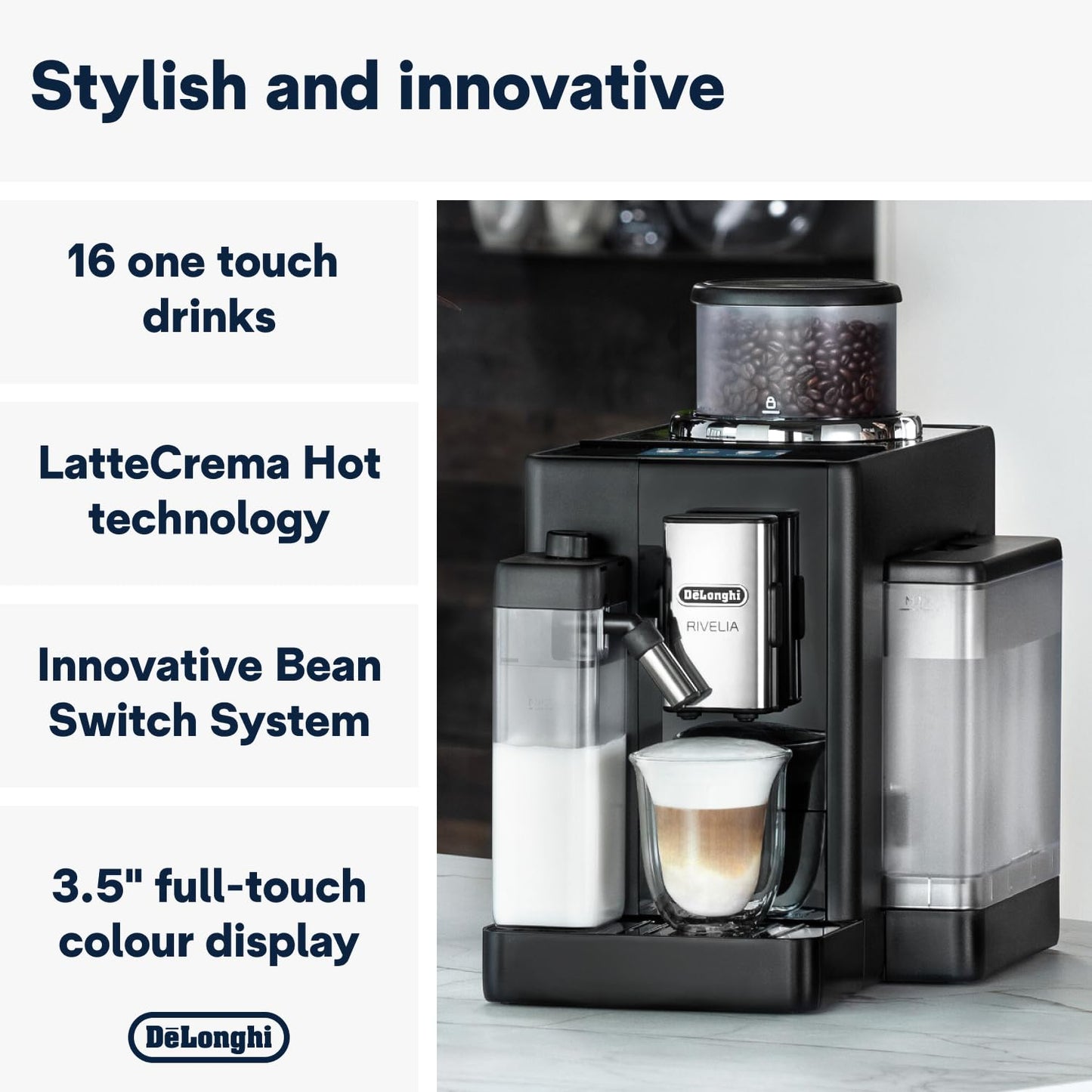 Delonghi Rivelia EXAM440.55.G, Fully Automatic Coffee Machine with LatteCrema Hot, Automatic Milk Frother, Compact Size Bean to Cup Coffee Machine, 16 Recipes, Full Touch Colored Display, Pebble Grey