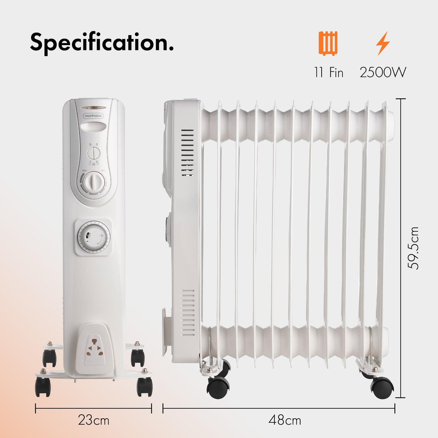 VonHaus Oil Filled Radiator 11 Fin, Heater Portable Electric Free Standing 2500W for Home, Office, Any Room – 24 hour Timer, Adjustable Thermostat, 3 Heat Settings, 4x Wheels, 1.5m Power Cable