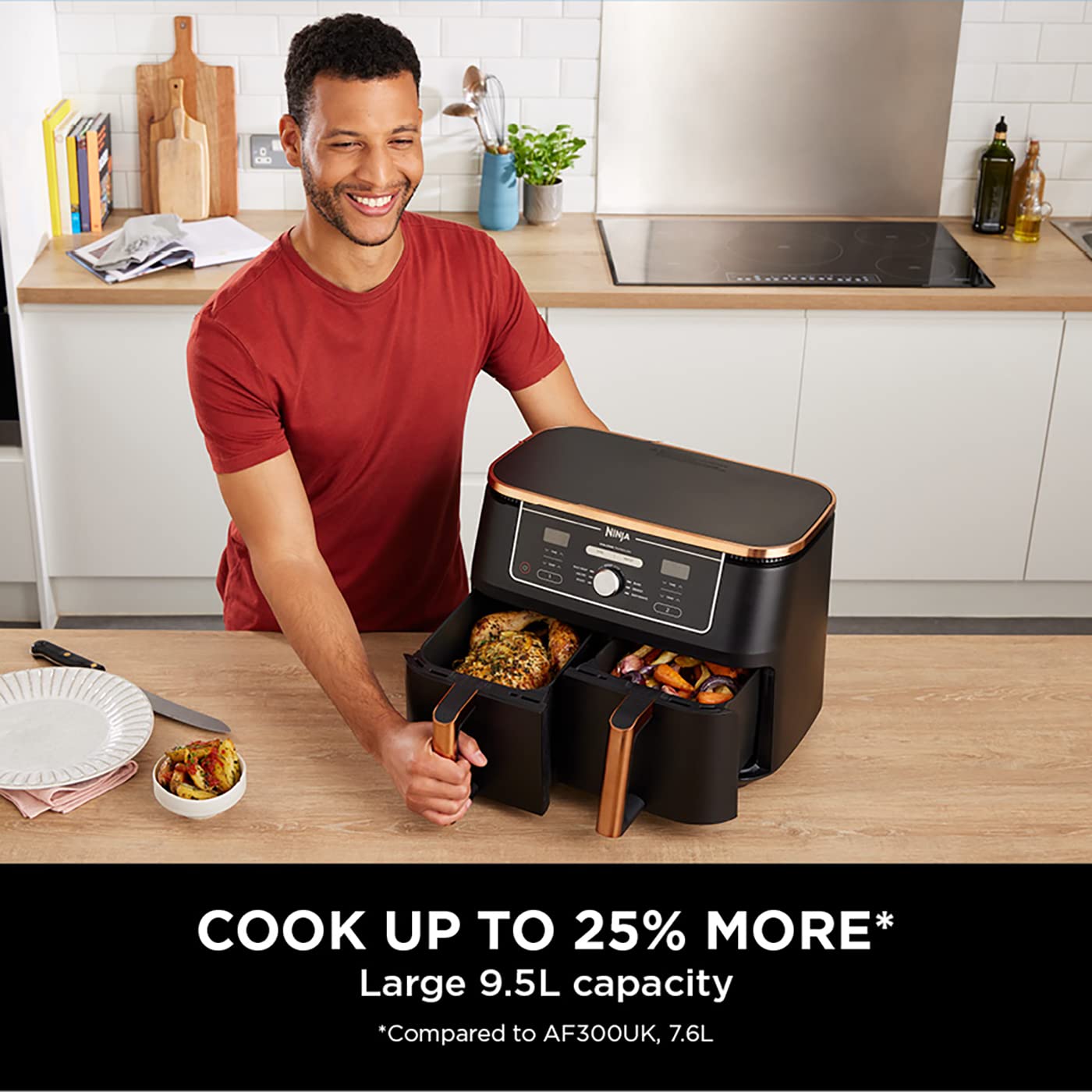 Ninja Double Stack XL Air Fryer, Vertical Dual Drawer Air Fryer with 4 cooking levels, 2 Drawers & 2 Racks, Space Saving Design, 9.5L Capacity, 6 Functions, 8 Portions, Tongs, Black/Copper SL400UKCP