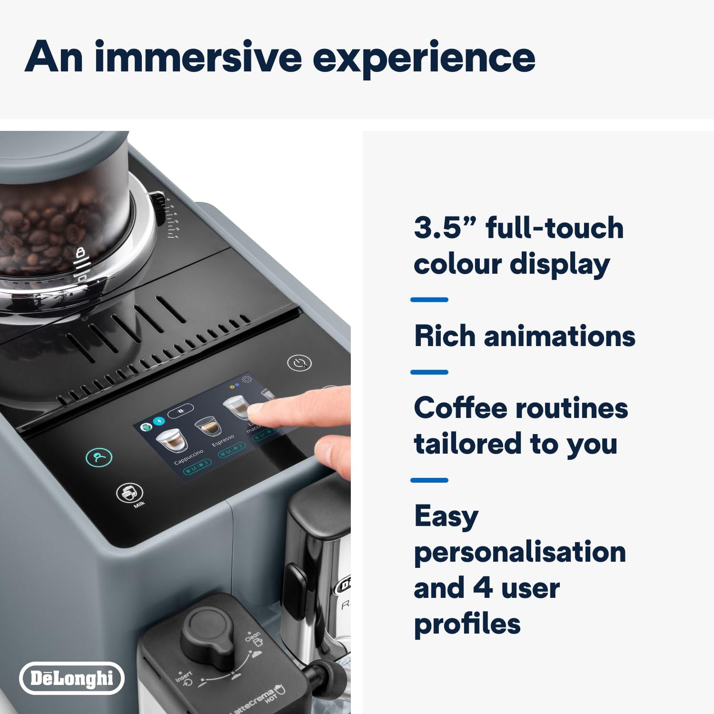 Delonghi Rivelia EXAM440.55.G, Fully Automatic Coffee Machine with LatteCrema Hot, Automatic Milk Frother, Compact Size Bean to Cup Coffee Machine, 16 Recipes, Full Touch Colored Display, Pebble Grey