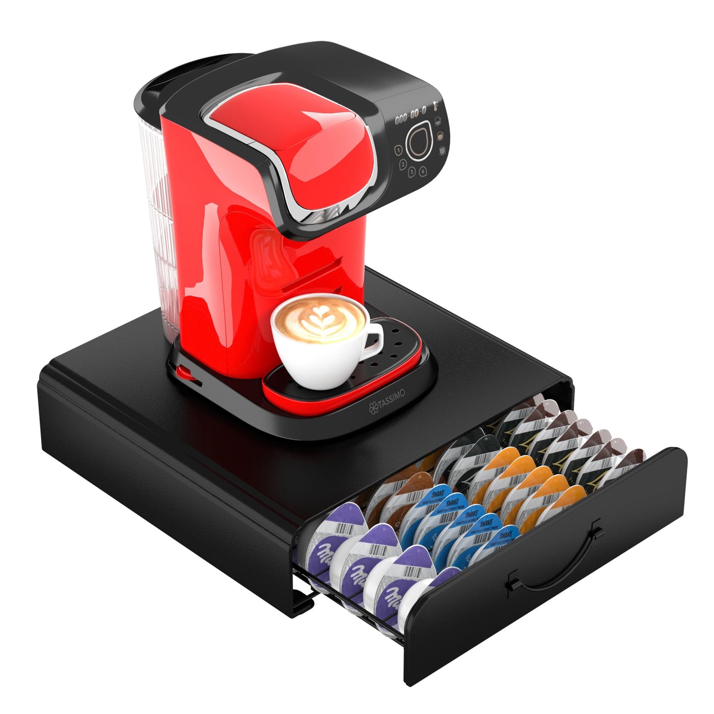 HFHOME Tassimo Pods Holder,64 Capsule Metal Coffee Pod Holder,Bosch Tassimo Stand & Pod Storage Drawer, Anti-vibration Design Coffee Station Organizer- Black
