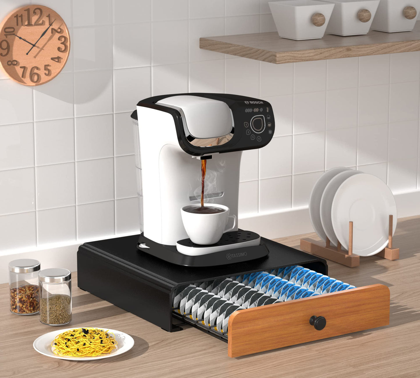 HFHOME Tassimo Pods Holder,64 Capsule Metal Coffee Pod Holder,Bosch Tassimo Stand & Pod Storage Drawer, Anti-vibration Design Coffee Station Organizer- Black