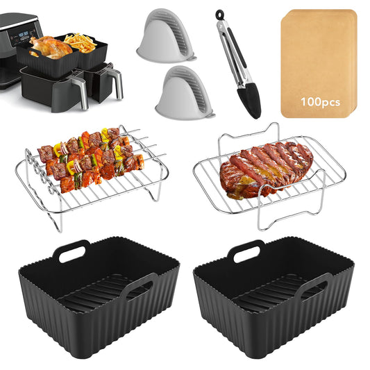 Air Fryer Accessories, Silicone Air Fryer Liner for Ninja Dual AF400UK AF500UK AF451UK Tower T17088, 8 PCS Ninja Air Fryer Accessories, Upgraded Air Fryer Liner Silicone & Dual Air Fryer Racks