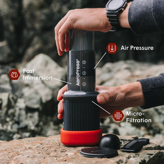 Aeropress Go Portable Travel Coffee Press Kit, 1-3 Cups in a Minute, Coffee, Espresso, & Cold Brew Maker, Manual Coffee Making Machine for Travel, Includes Mug & Lid, Grey