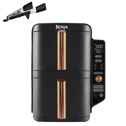 Ninja Double Stack XL Air Fryer, Vertical Dual Drawer Air Fryer with 4 cooking levels, 2 Drawers & 2 Racks, Space Saving Design, 9.5L Capacity, 6 Functions, 8 Portions, Tongs, Black/Copper SL400UKCP
