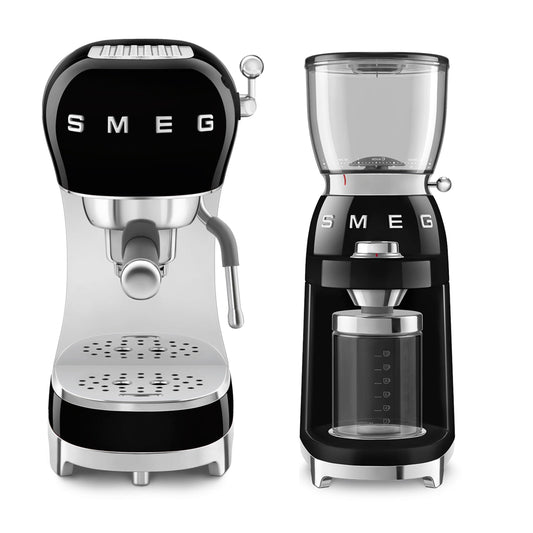 Smeg Retro Coffee Range Set, Espresso Machine with Steam Wand, Electric Coffee Grinder, Black