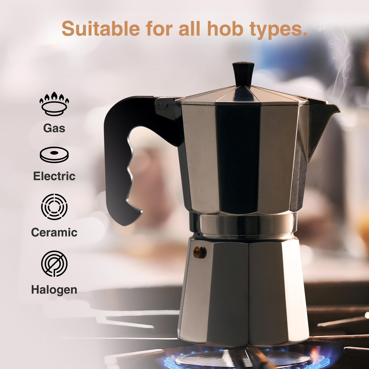 VonShef Stovetop Coffee Maker, 6 Cup Aluminium Italian Espresso Maker, 300ml Gas & Electric Stove Top Moka Pot with Replacement Gasket & Filter