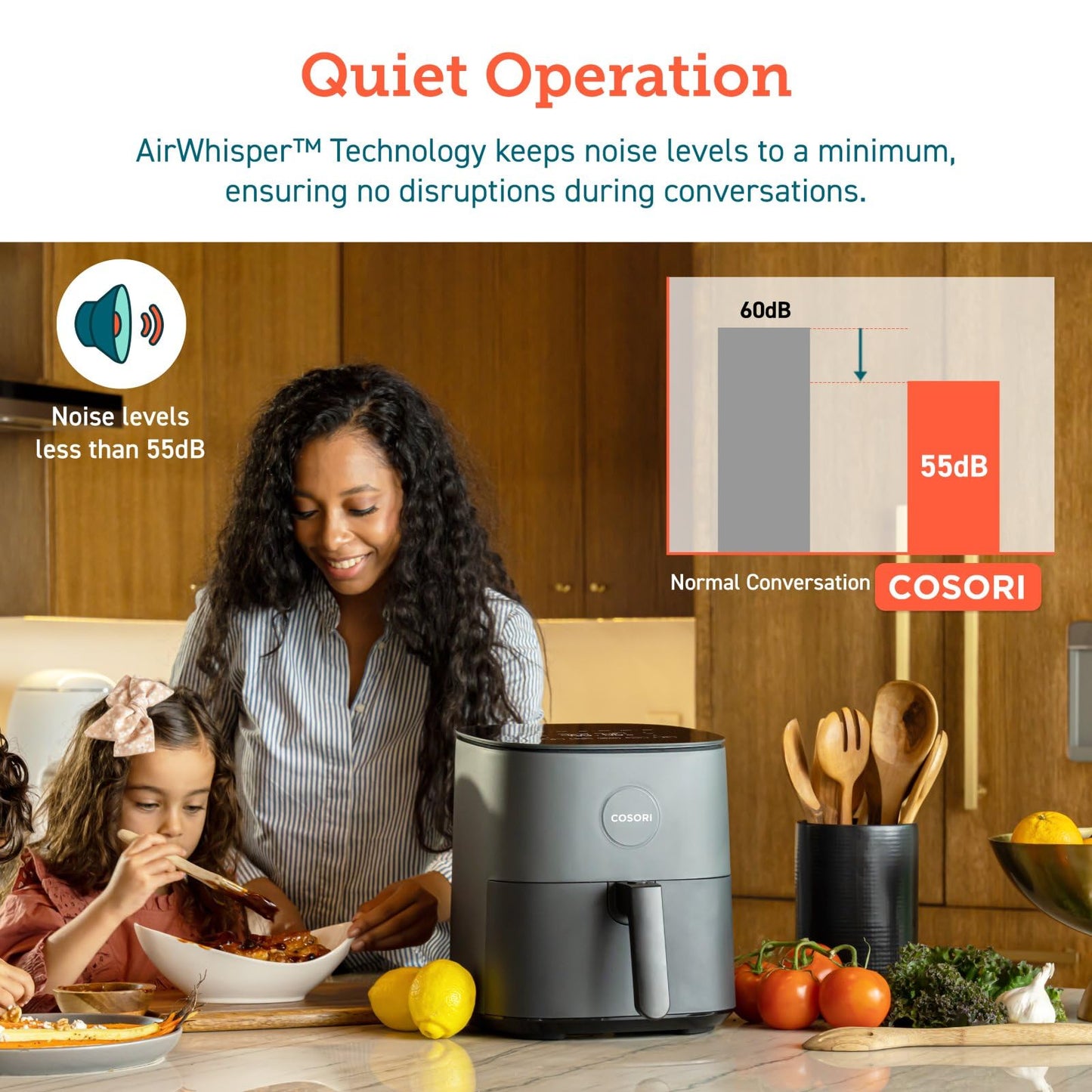 COSORI 5.5L Smart Air Fryer Oven, 200 Recipes(Cookbook & Online), APP Control, Square & Removable Basket, 13 Cooking Functions, Roast, Bake, Reheat, Dishwasher Safe, Black