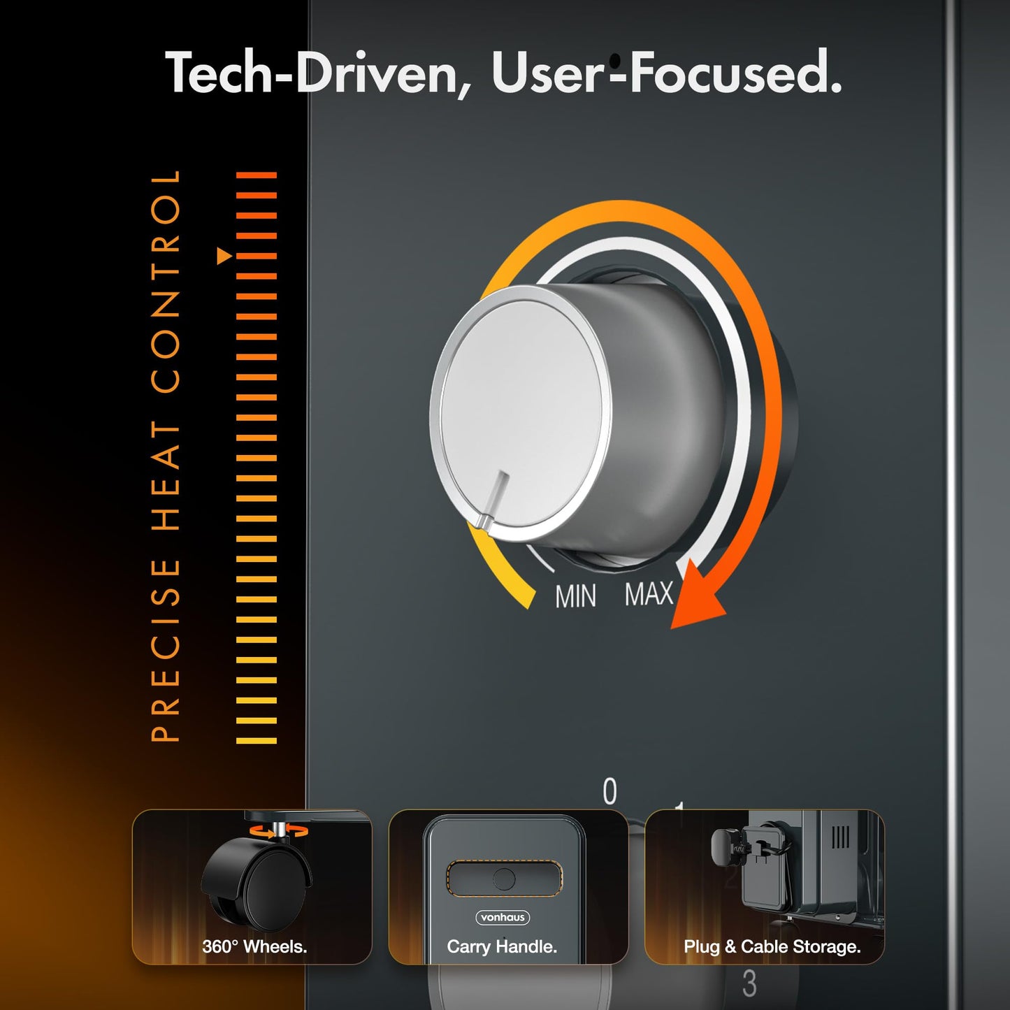 VonHaus Oil Filled Radiator 9 Fin – Oil Heater Portable Electric Free Standing 2000W for Home, Office, Any Room – Adjustable Thermostat, 3 Heat Settings, 4x Wheels, 1.5m Power Cable – 2 Year Warranty