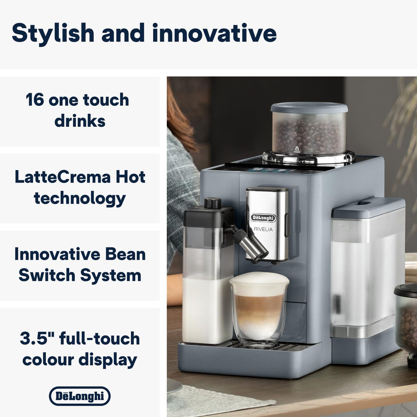 Delonghi Rivelia EXAM440.55.G, Fully Automatic Coffee Machine with LatteCrema Hot, Automatic Milk Frother, Compact Size Bean to Cup Coffee Machine, 16 Recipes, Full Touch Colored Display, Pebble Grey