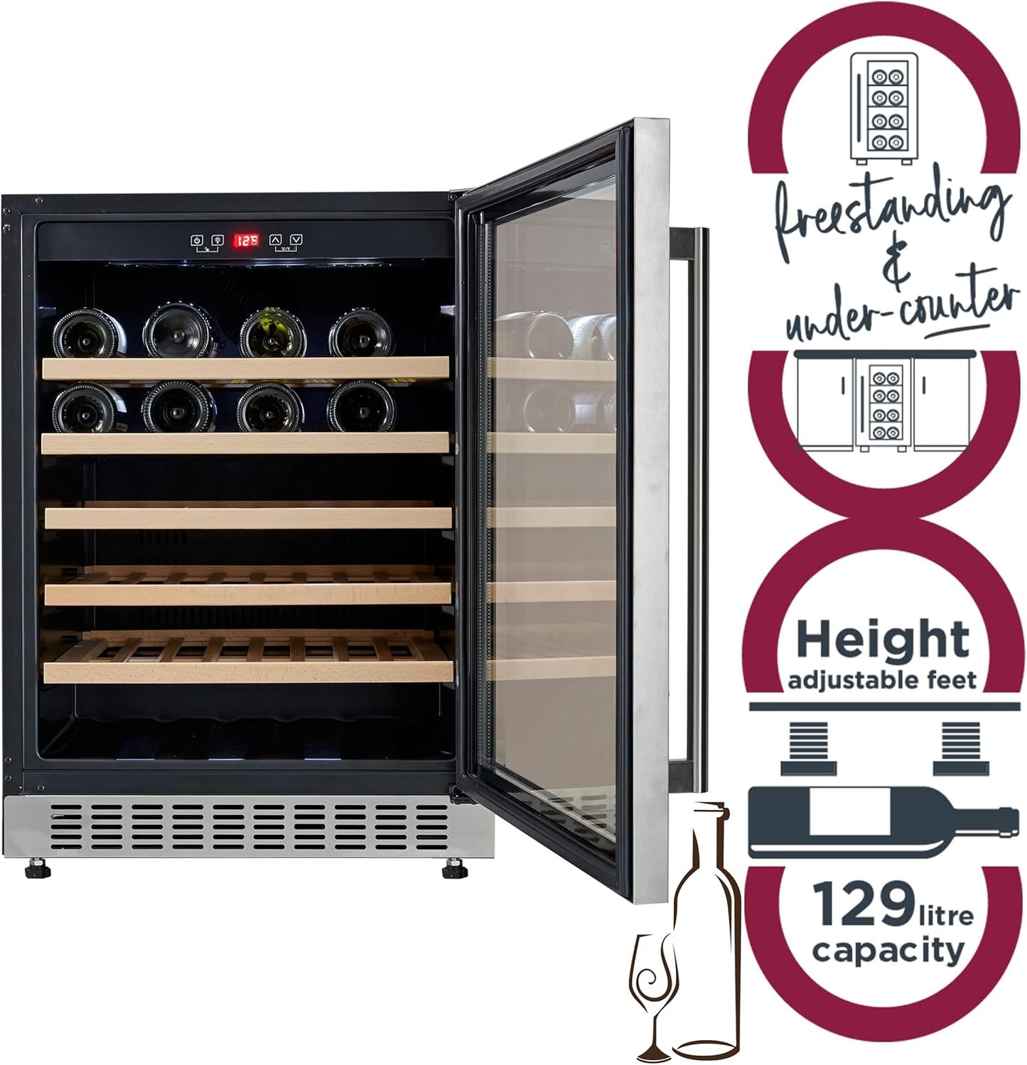 Cookology CWC605SS Freestanding Undercounter Fridge Cabinet 60cm Wine Cooler, 54 Bottle, 135L Capacity, with Digital Temperature Control and Reversible Door - in Stainless Steel