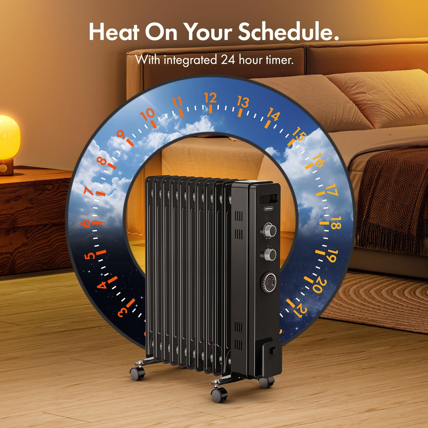 VonHaus Oil Filled Radiator 11 Fin, Heater Portable Electric Free Standing 2500W for Home, Office, Any Room – 24 hour Timer, Adjustable Thermostat, 3 Heat Settings, 4x Wheels, 1.5m Power Cable