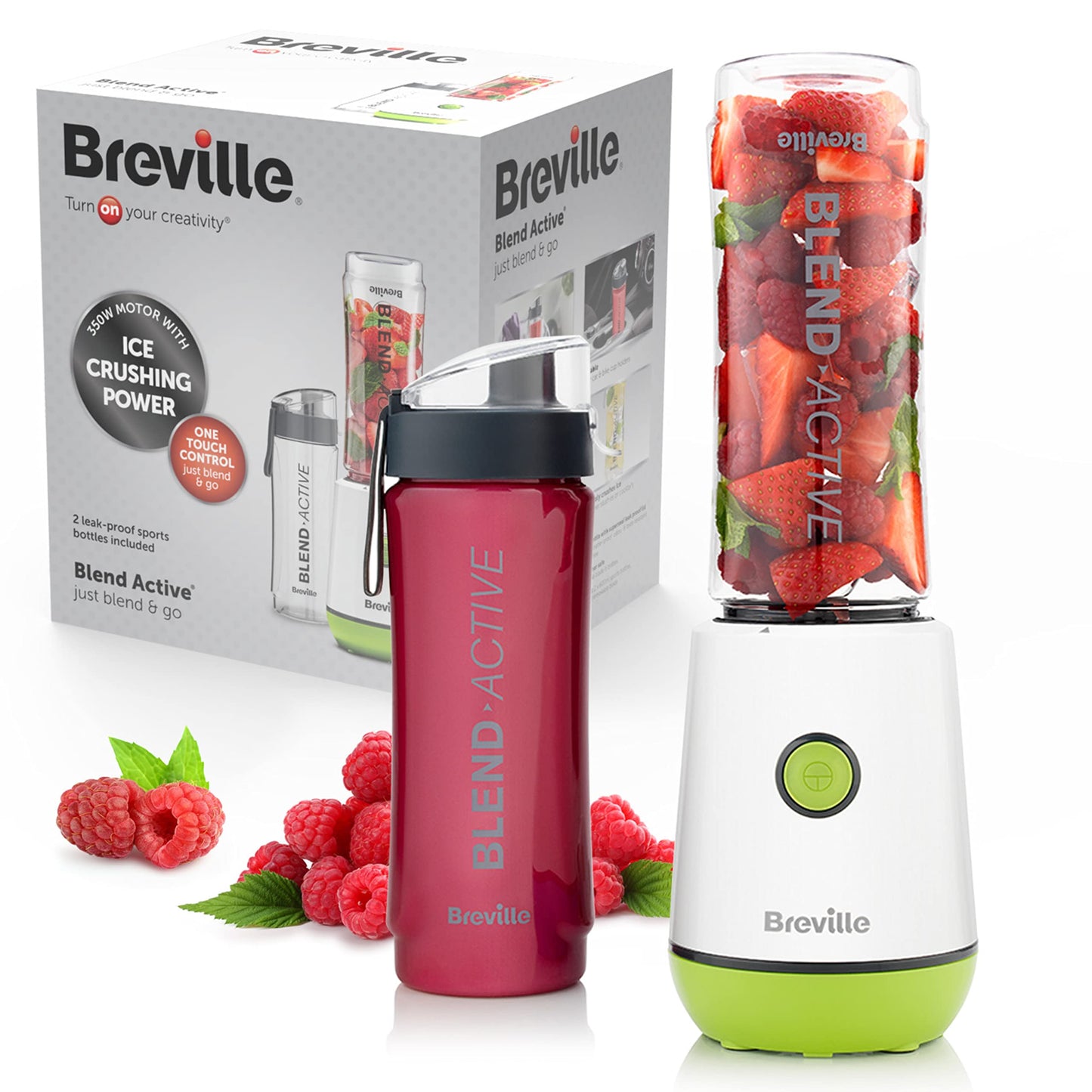 Breville Blend Active Personal Blender & Smoothie Maker | 350W | 2 Portable Blend Active Bottles (600ml) | Leak Proof Lids | White & Pink [VBL248]