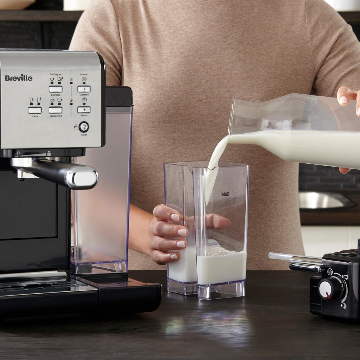 Breville Prima Latte Luxe One Touch Espresso Maker| Espresso, Latte Cappuccino Coffee Maker | 19 Bar Italian Pump | Automatic Milk Frother | ESE Coffee Pod Compatible | Black [VCF166]