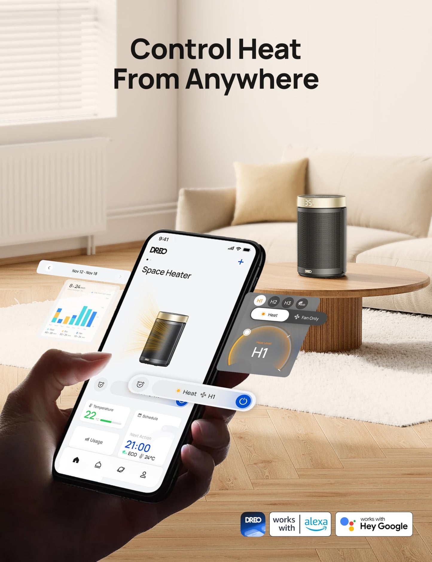 Dreo Electric Heater, 1500W Energy Efficient Space Room Heater, Upgrade Remote Portable Ceramic Fan Heaters, Thermostat, 3 Modes 12H Timer, Overheat & Tip Over Protection, for Bedroom, Atom 316, Gold