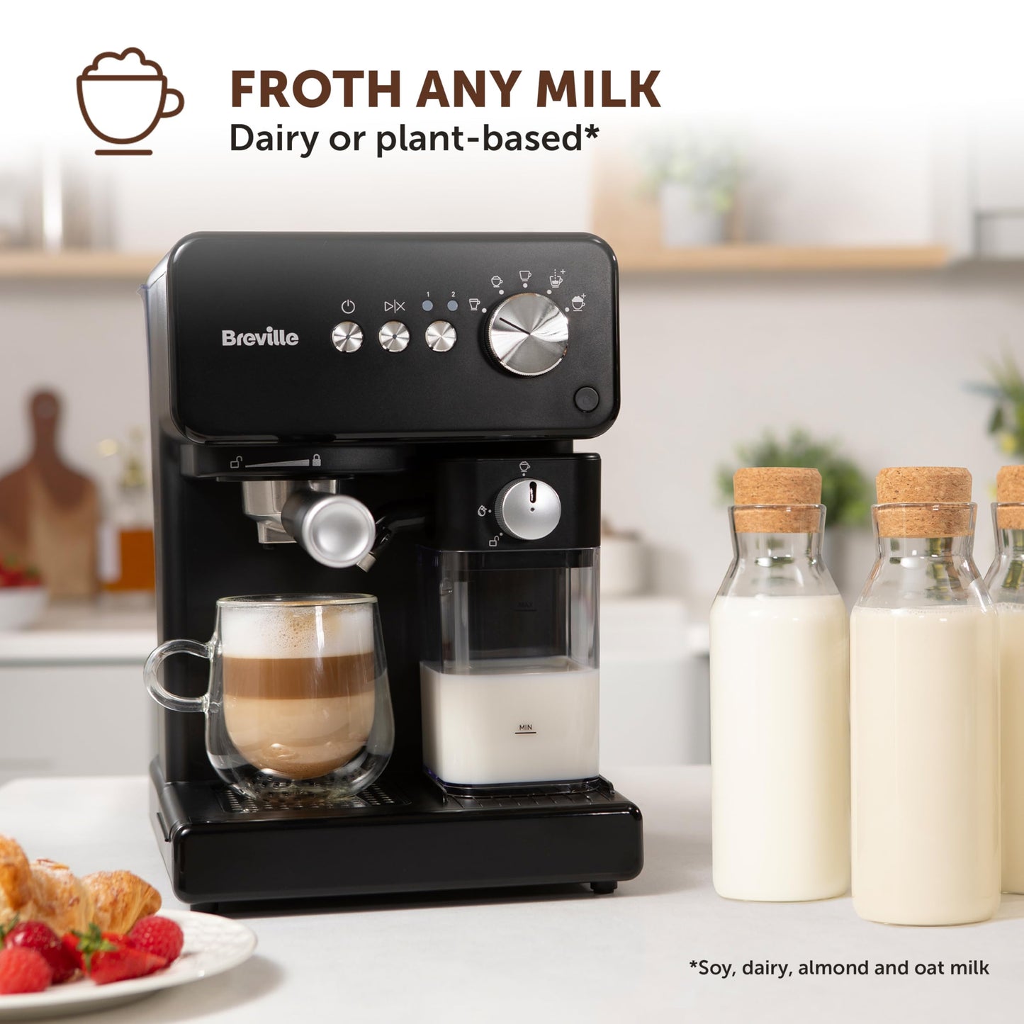Breville Prima Latte Luxe One Touch Espresso Maker| Espresso, Latte Cappuccino Coffee Maker | 19 Bar Italian Pump | Automatic Milk Frother | ESE Coffee Pod Compatible | Black [VCF166]