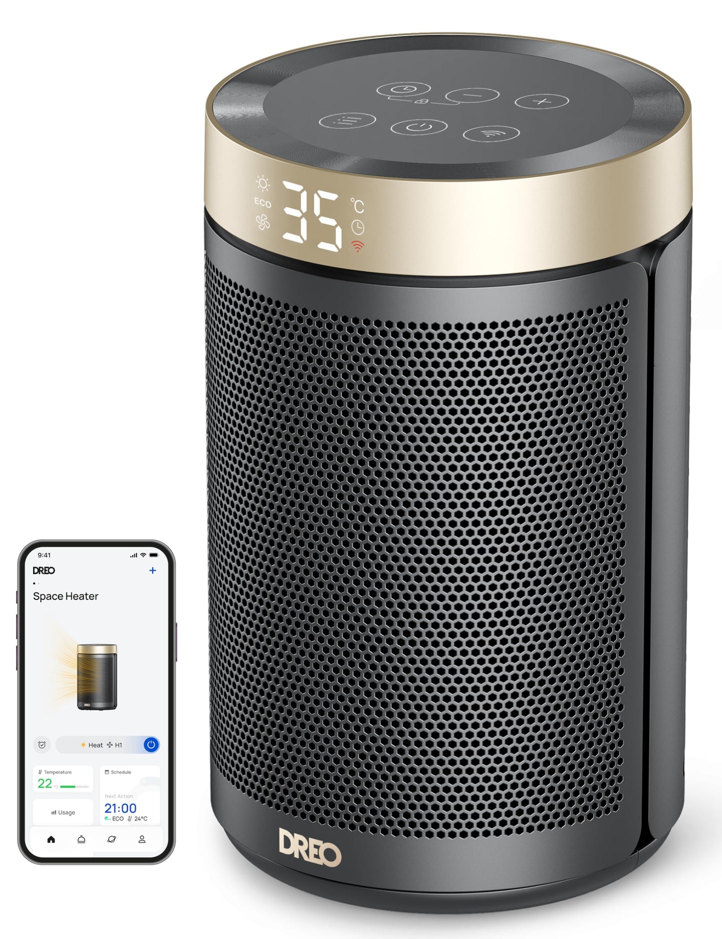 Dreo Electric Heater, 1500W Energy Efficient Space Room Heater, Upgrade Remote Portable Ceramic Fan Heaters, Thermostat, 3 Modes 12H Timer, Overheat & Tip Over Protection, for Bedroom, Atom 316, Gold