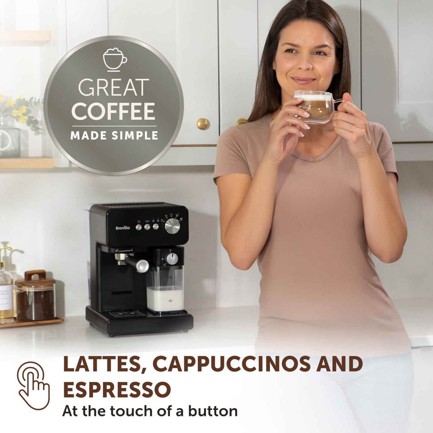 Breville Prima Latte Luxe One Touch Espresso Maker| Espresso, Latte Cappuccino Coffee Maker | 19 Bar Italian Pump | Automatic Milk Frother | ESE Coffee Pod Compatible | Black [VCF166]