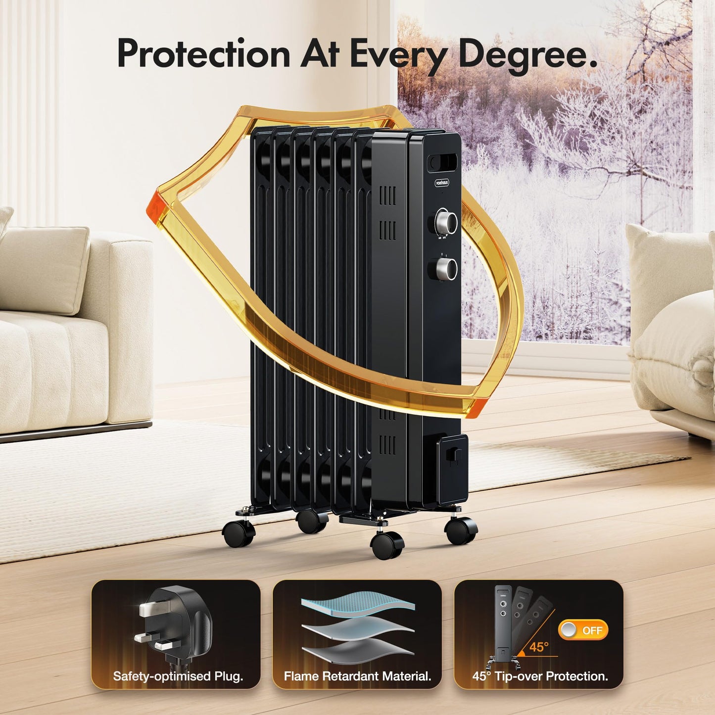 VonHaus Oil Filled Radiator 9 Fin – Oil Heater Portable Electric Free Standing 2000W for Home, Office, Any Room – Adjustable Thermostat, 3 Heat Settings, 4x Wheels, 1.5m Power Cable – 2 Year Warranty