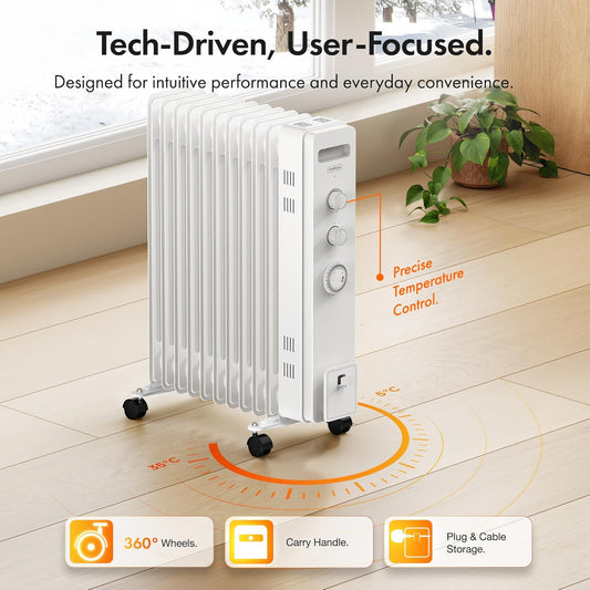 VonHaus Oil Filled Radiator 11 Fin, Heater Portable Electric Free Standing 2500W for Home, Office, Any Room – 24 hour Timer, Adjustable Thermostat, 3 Heat Settings, 4x Wheels, 1.5m Power Cable