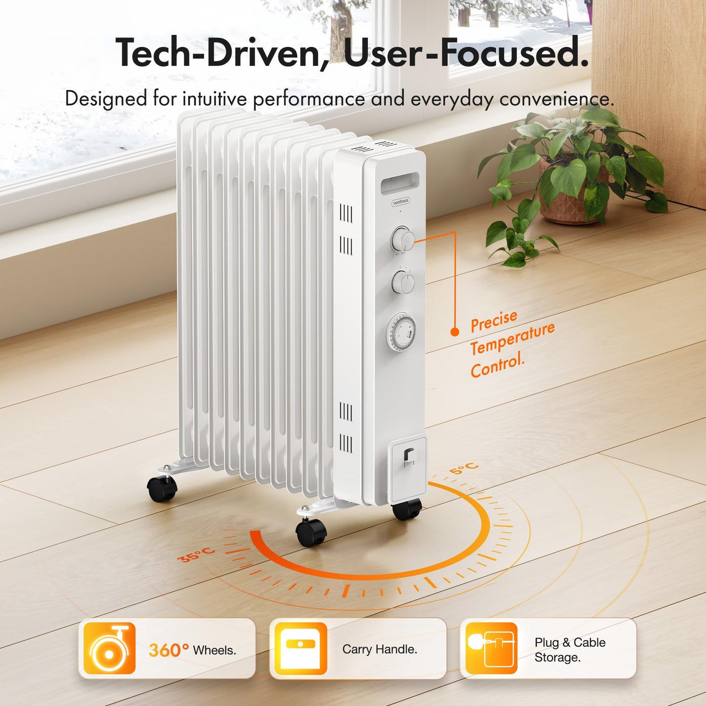 VonHaus Oil Filled Radiator 11 Fin, Heater Portable Electric Free Standing 2500W for Home, Office, Any Room – 24 hour Timer, Adjustable Thermostat, 3 Heat Settings, 4x Wheels, 1.5m Power Cable