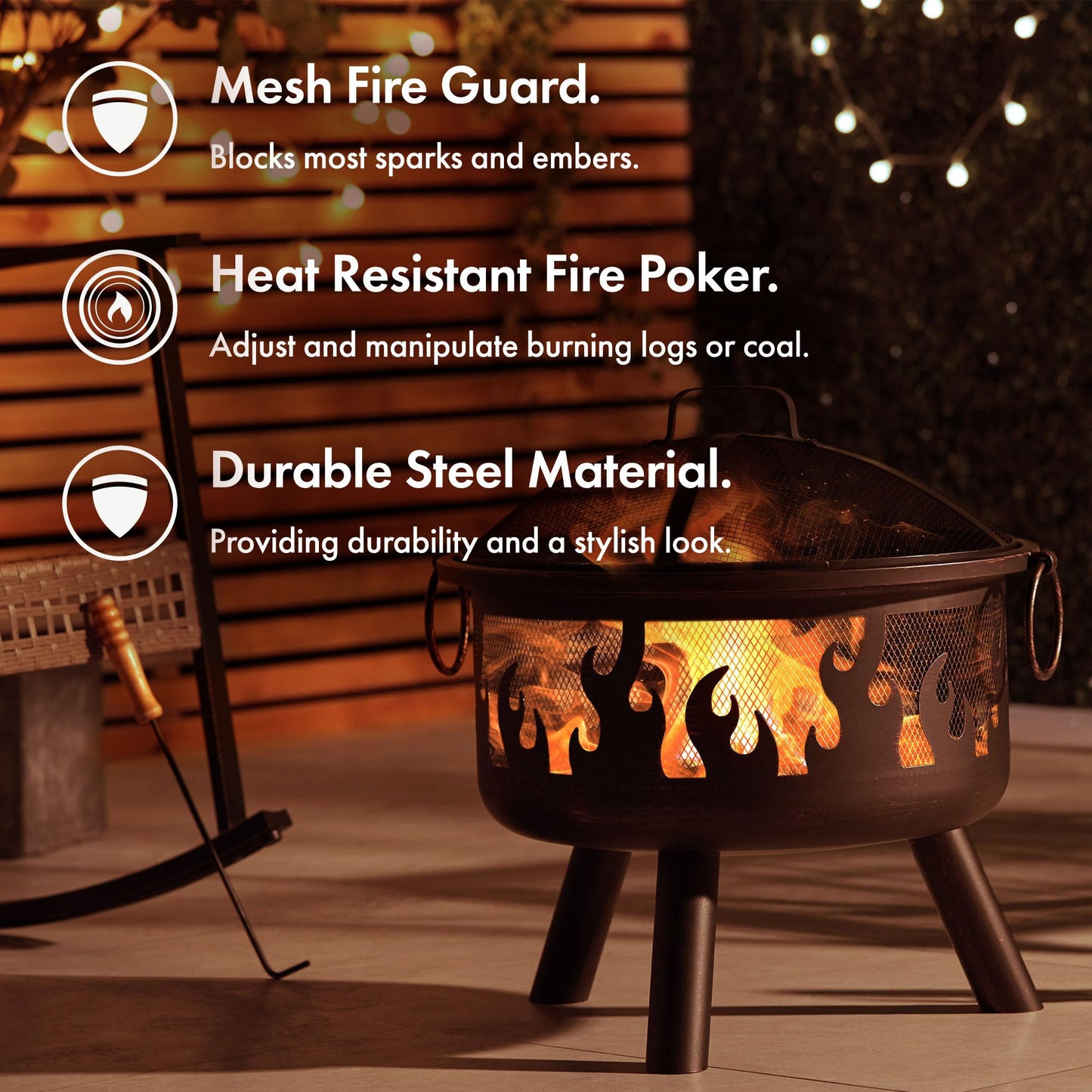 VonHaus Fire Pit – Firepit for Outdoor, Garden, Patio – Portable & Lightweight with Flame Design, Black Bronzed Steel, Fire Poker & Mesh Guard Included, Carry Handles – Use Wood or Charcoal to Fuel