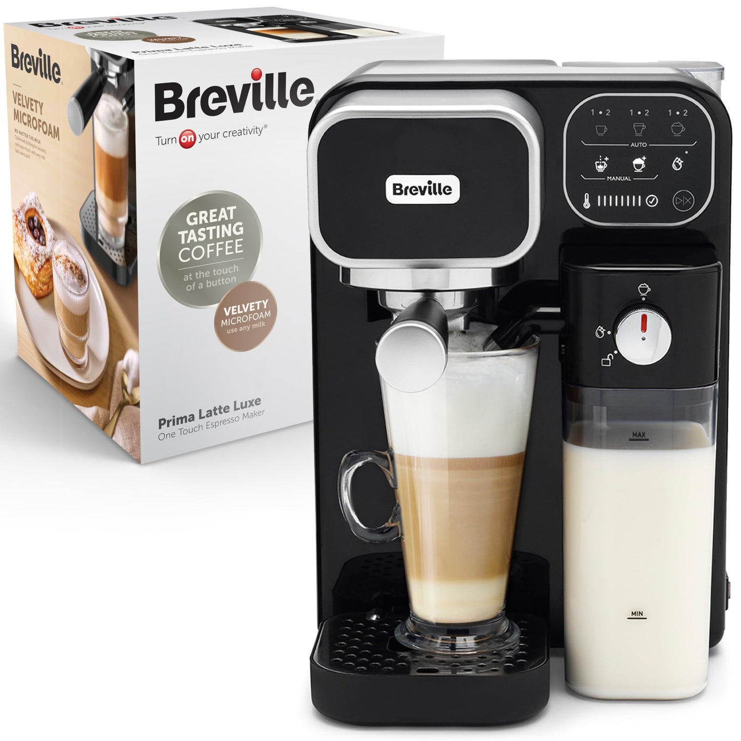 Breville Prima Latte Luxe One Touch Espresso Maker| Espresso, Latte Cappuccino Coffee Maker | 19 Bar Italian Pump | Automatic Milk Frother | ESE Coffee Pod Compatible | Black [VCF166]