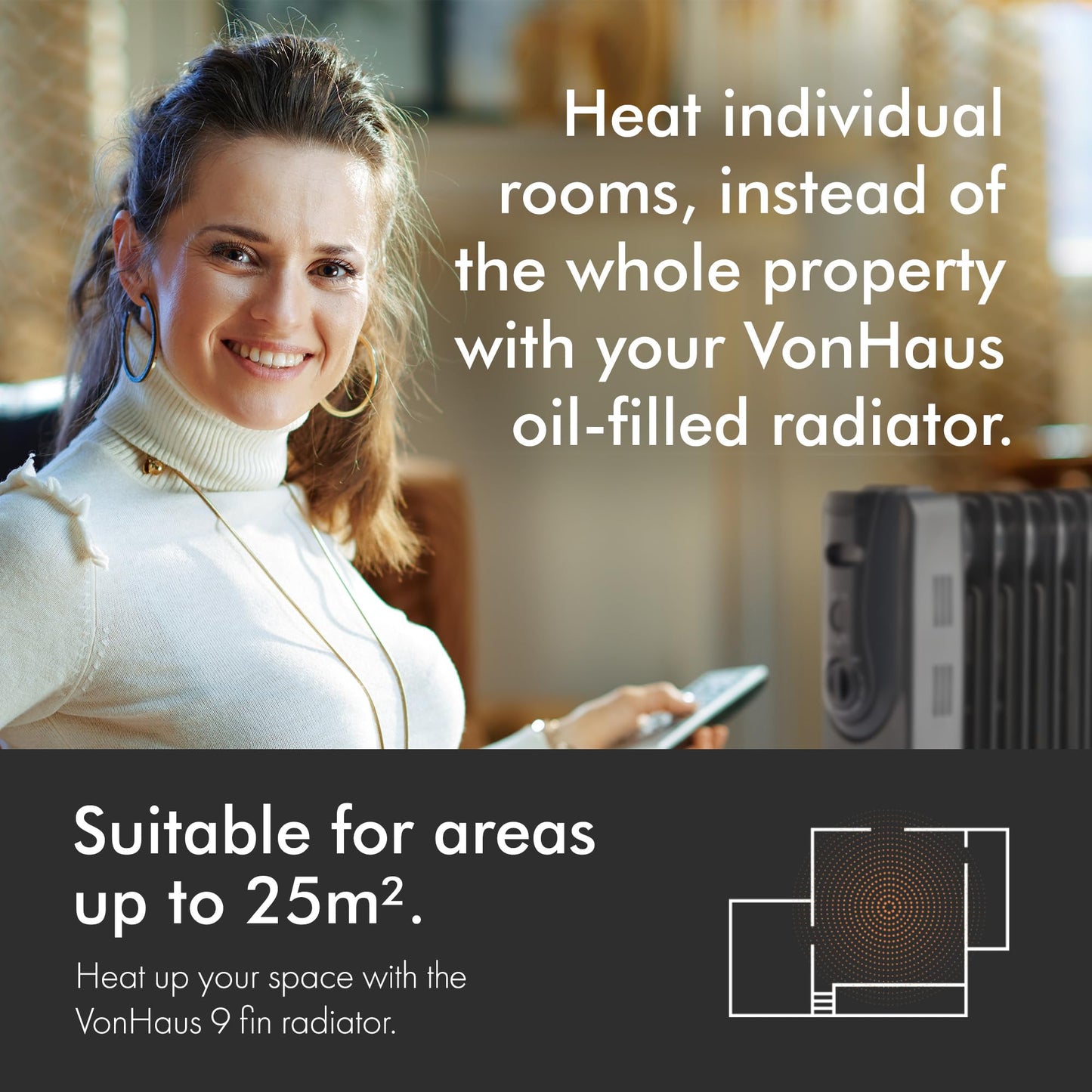 VonHaus Oil Filled Radiator 9 Fin – Oil Heater Portable Electric Free Standing 2000W for Home, Office, Any Room – Adjustable Thermostat, 3 Heat Settings, 4x Wheels, 1.5m Power Cable – 2 Year Warranty