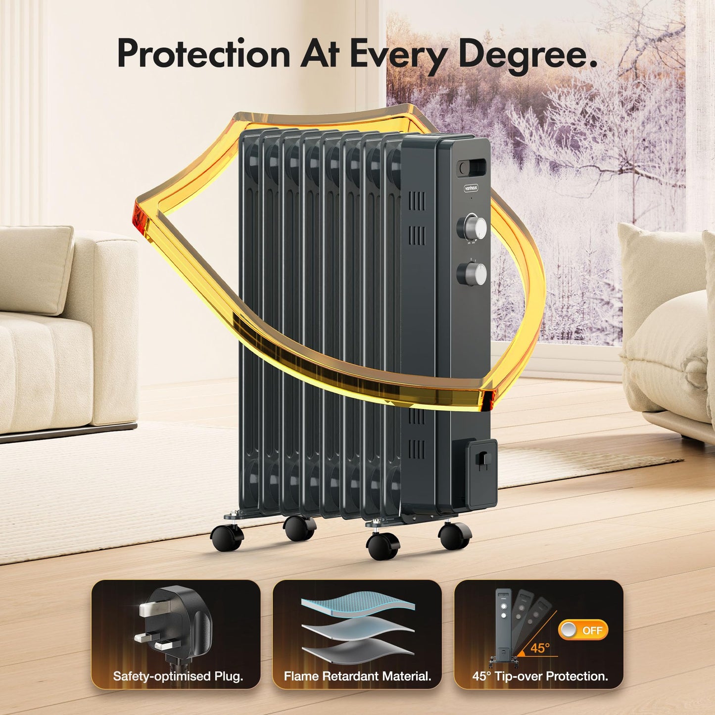 VonHaus Oil Filled Radiator 9 Fin – Oil Heater Portable Electric Free Standing 2000W for Home, Office, Any Room – Adjustable Thermostat, 3 Heat Settings, 4x Wheels, 1.5m Power Cable – 2 Year Warranty