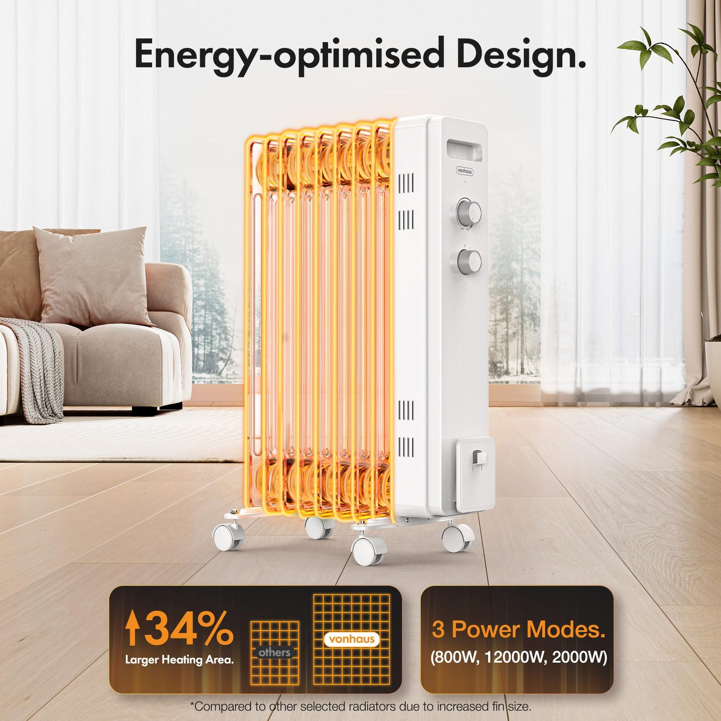 VonHaus Oil Filled Radiator 9 Fin – Oil Heater Portable Electric Free Standing 2000W for Home, Office, Any Room – Adjustable Thermostat, 3 Heat Settings, 4x Wheels, 1.5m Power Cable – 2 Year Warranty