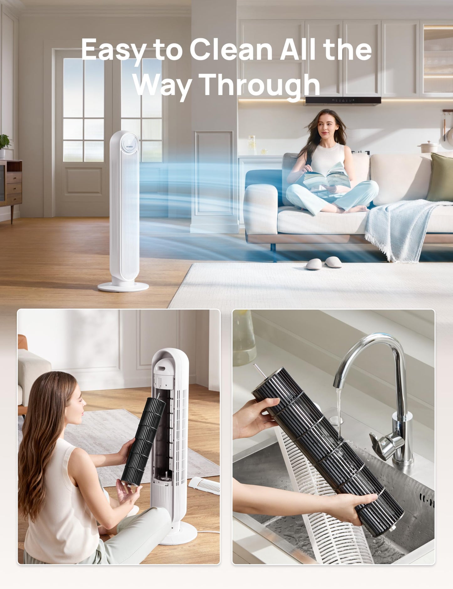 Dreo 28dB Silent Tower Fan, 25ft/s Velocity Electric Cooling Fan with Remote Control 90° Oscillating 4 Speeds 4 Modes 8H Timer LED Display, Quiet Standing Bladeless Floor Fans for Bedroom, White