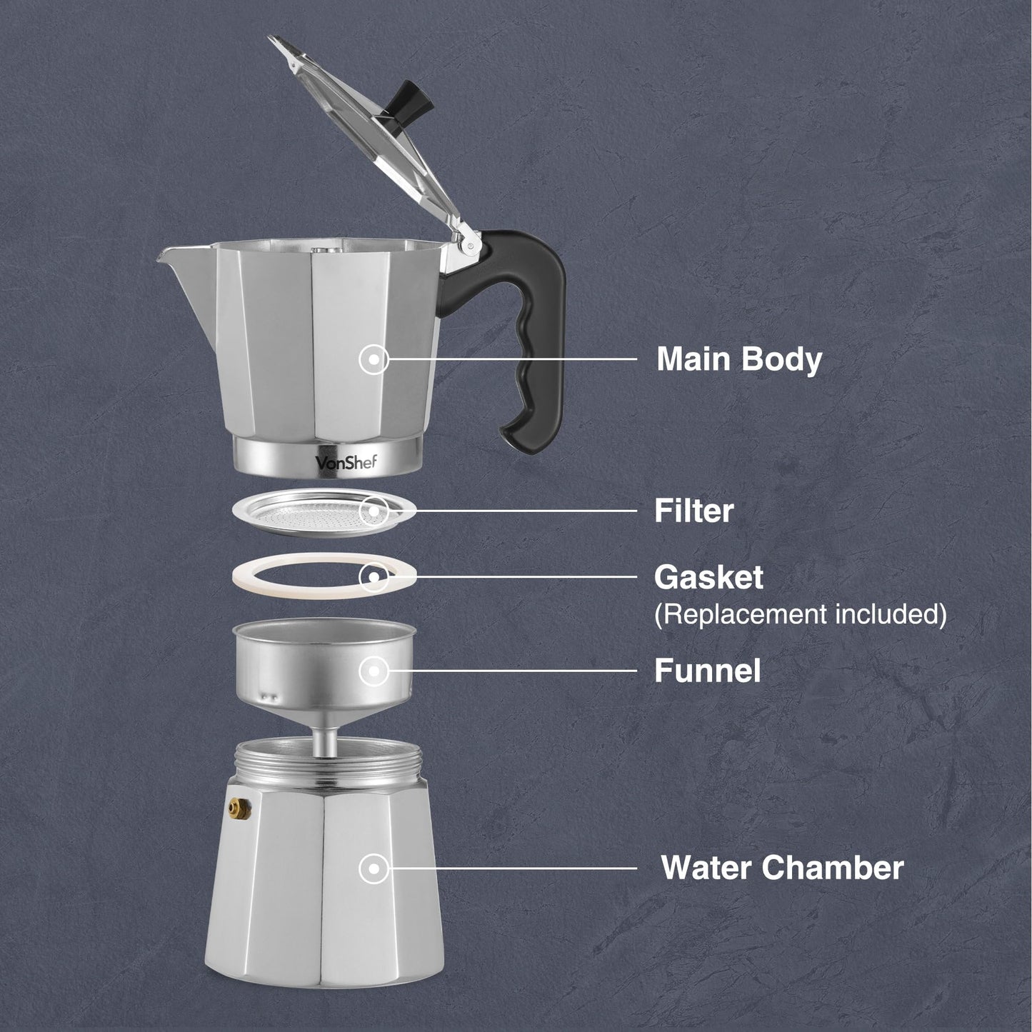 VonShef Stovetop Coffee Maker, 12 Cup Aluminium Italian Espresso Maker, 600ml Gas & Electric Stove Top Moka Pot with Replacement Gasket & Filter
