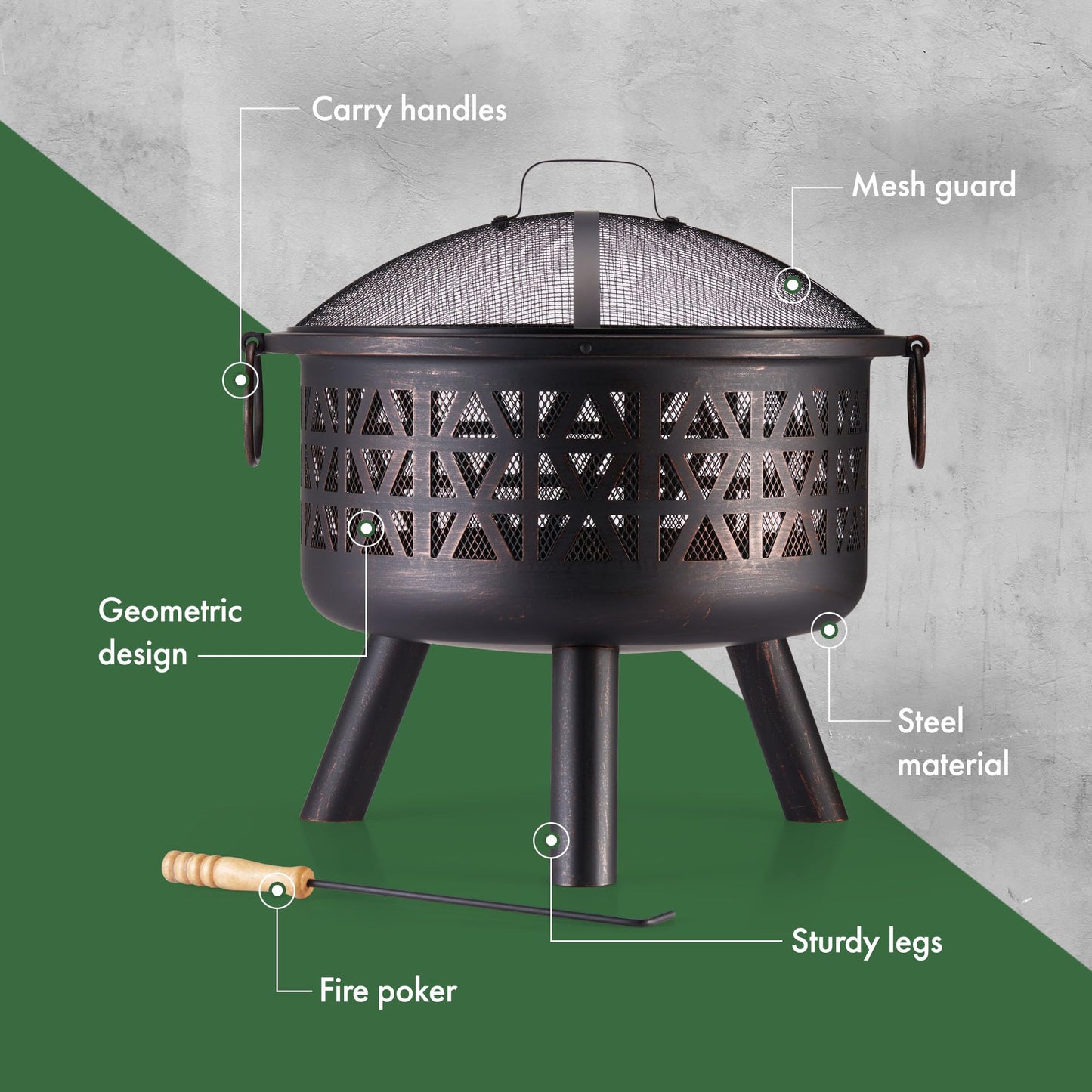 VonHaus Fire Pit – Firepit for Outdoor, Garden, Patio – Portable & Lightweight with Flame Design, Black Bronzed Steel, Fire Poker & Mesh Guard Included, Carry Handles – Use Wood or Charcoal to Fuel