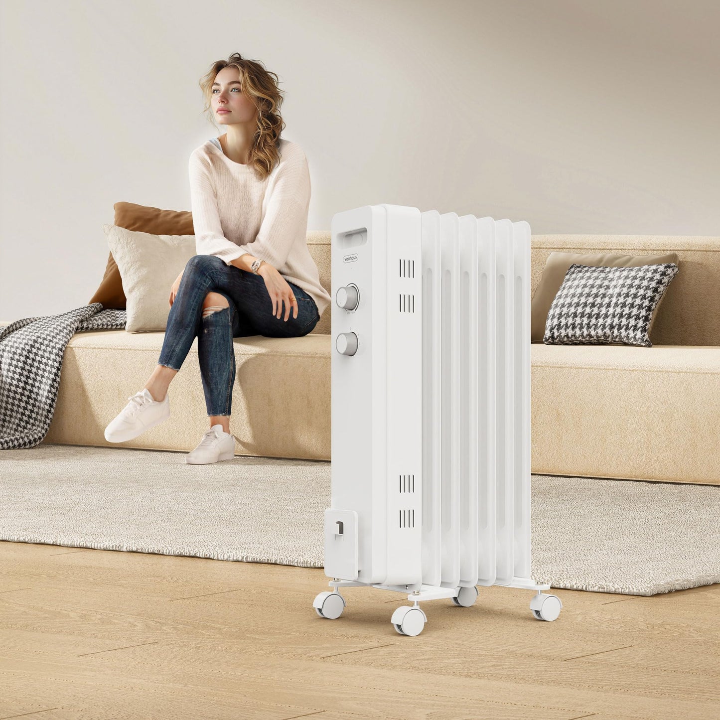 VonHaus Oil Filled Radiator 9 Fin – Oil Heater Portable Electric Free Standing 2000W for Home, Office, Any Room – Adjustable Thermostat, 3 Heat Settings, 4x Wheels, 1.5m Power Cable – 2 Year Warranty