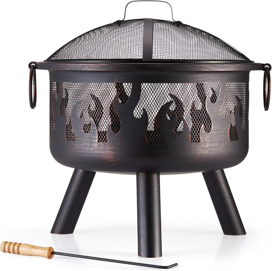 VonHaus Fire Pit – Firepit for Outdoor, Garden, Patio – Portable & Lightweight with Flame Design, Black Bronzed Steel, Fire Poker & Mesh Guard Included, Carry Handles – Use Wood or Charcoal to Fuel