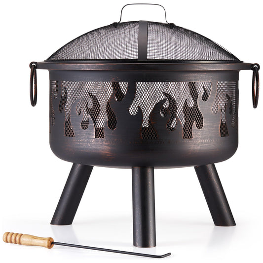 VonHaus Fire Pit – Firepit for Outdoor, Garden, Patio – Portable, Lightweight with Geometric Design, Brown Bronzed Steel, Fire Poker & Mesh Guard Included, Carry Handles – Use Wood or Charcoal to Fuel