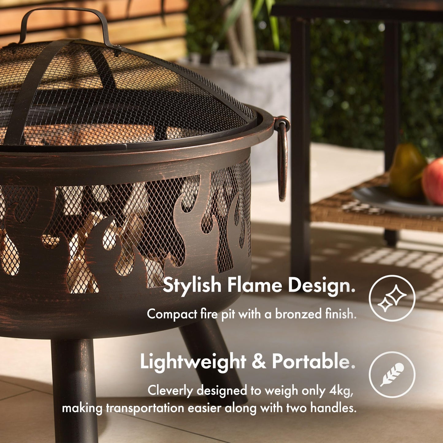 VonHaus Fire Pit – Firepit for Outdoor, Garden, Patio – Portable & Lightweight with Flame Design, Black Bronzed Steel, Fire Poker & Mesh Guard Included, Carry Handles – Use Wood or Charcoal to Fuel