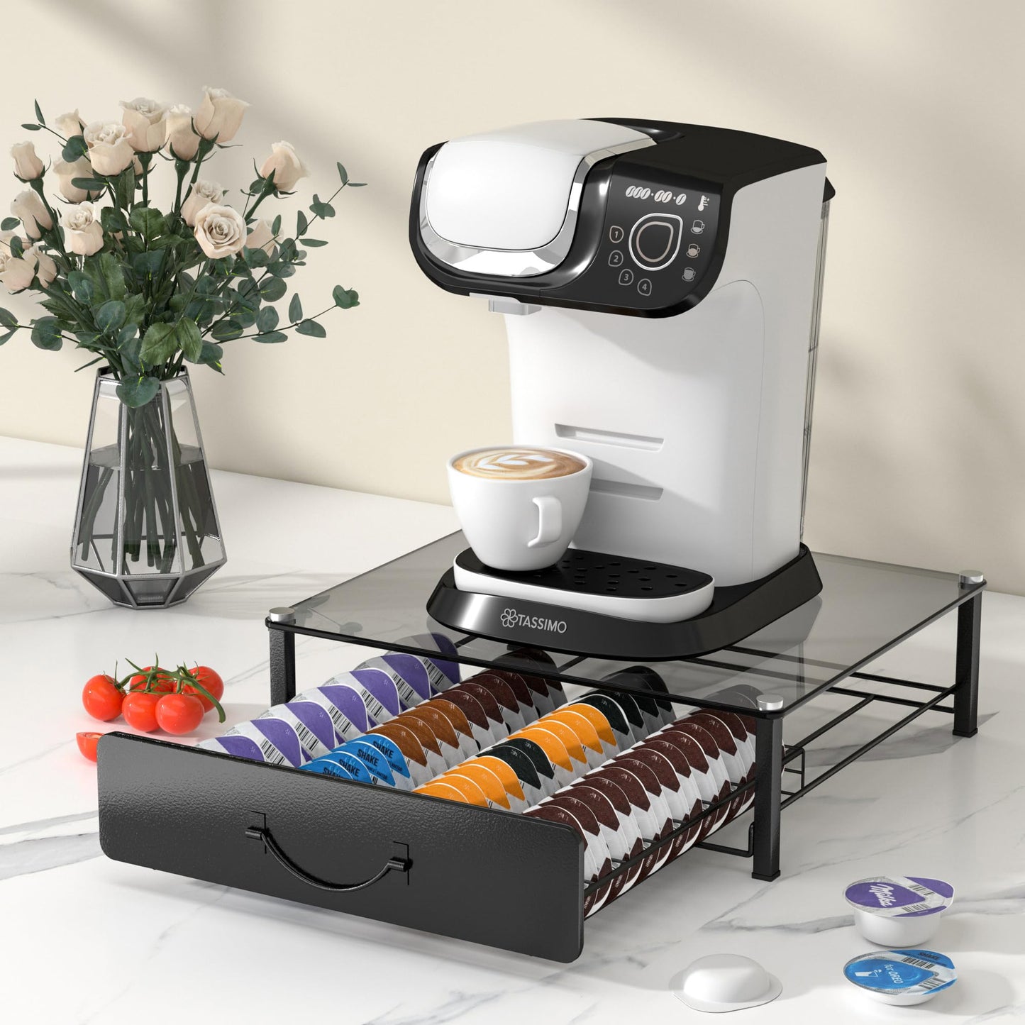 HFHOME Tassimo Pods Holder,64 Capsule Metal Coffee Pod Holder,Bosch Tassimo Stand & Pod Storage Drawer, Anti-vibration Design Coffee Station Organizer- Black