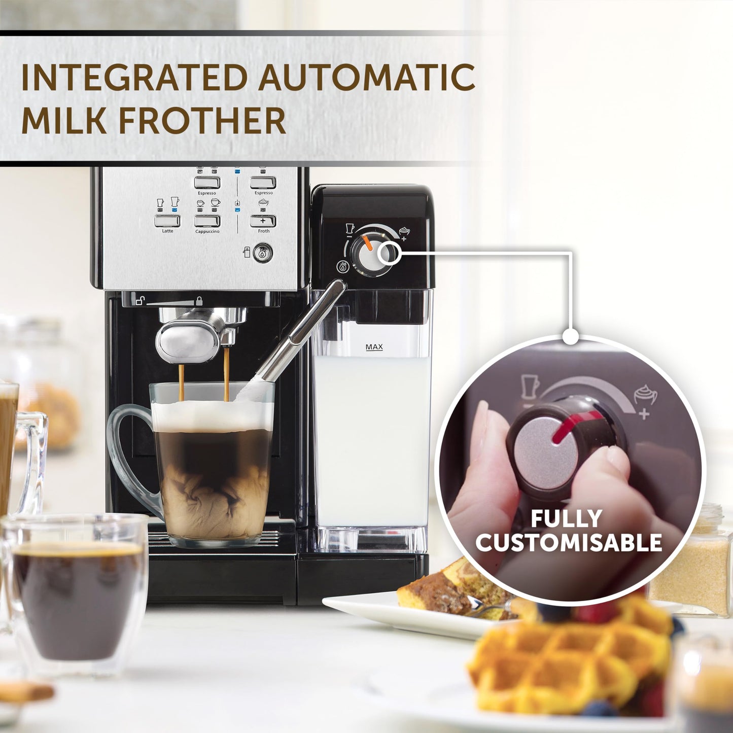 Breville Prima Latte Luxe One Touch Espresso Maker| Espresso, Latte Cappuccino Coffee Maker | 19 Bar Italian Pump | Automatic Milk Frother | ESE Coffee Pod Compatible | Black [VCF166]