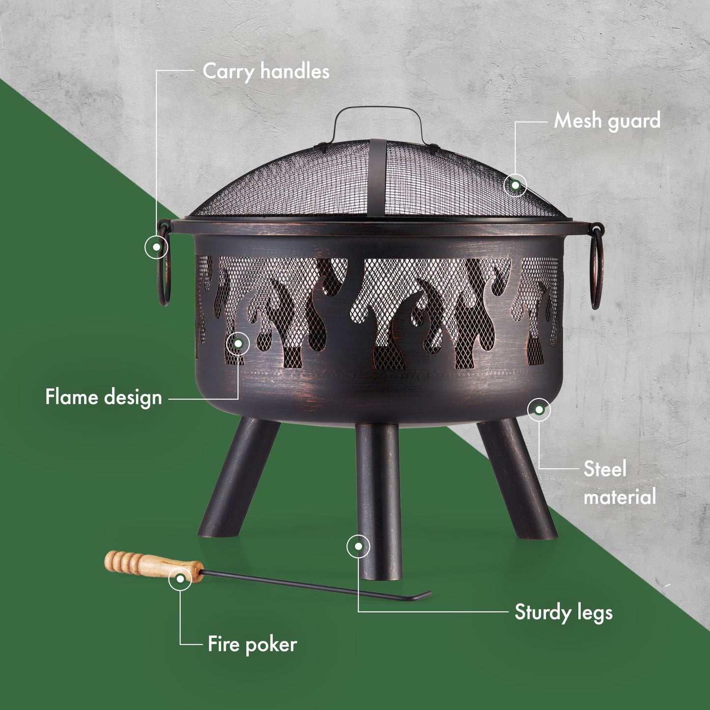 VonHaus Fire Pit – Firepit for Outdoor, Garden, Patio – Portable & Lightweight with Flame Design, Black Bronzed Steel, Fire Poker & Mesh Guard Included, Carry Handles – Use Wood or Charcoal to Fuel
