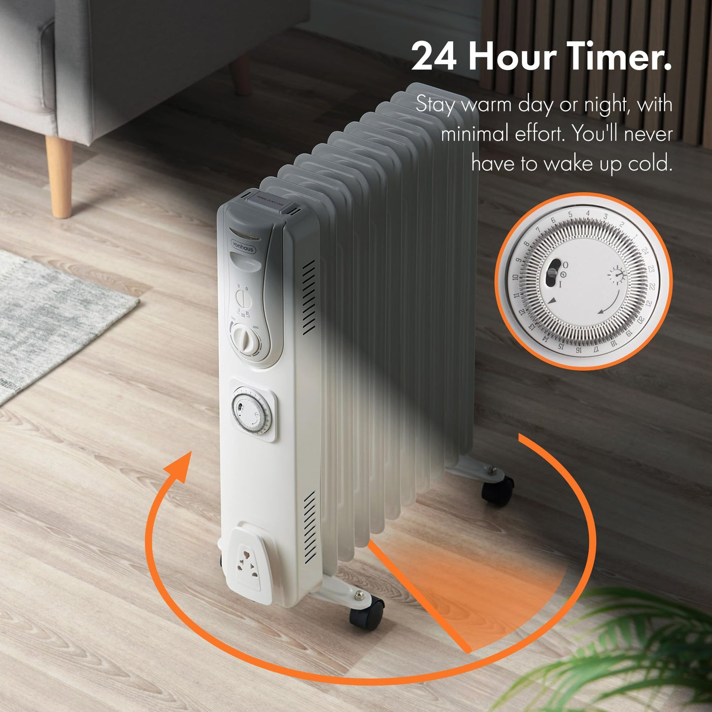 VonHaus Oil Filled Radiator 11 Fin, Heater Portable Electric Free Standing 2500W for Home, Office, Any Room – 24 hour Timer, Adjustable Thermostat, 3 Heat Settings, 4x Wheels, 1.5m Power Cable