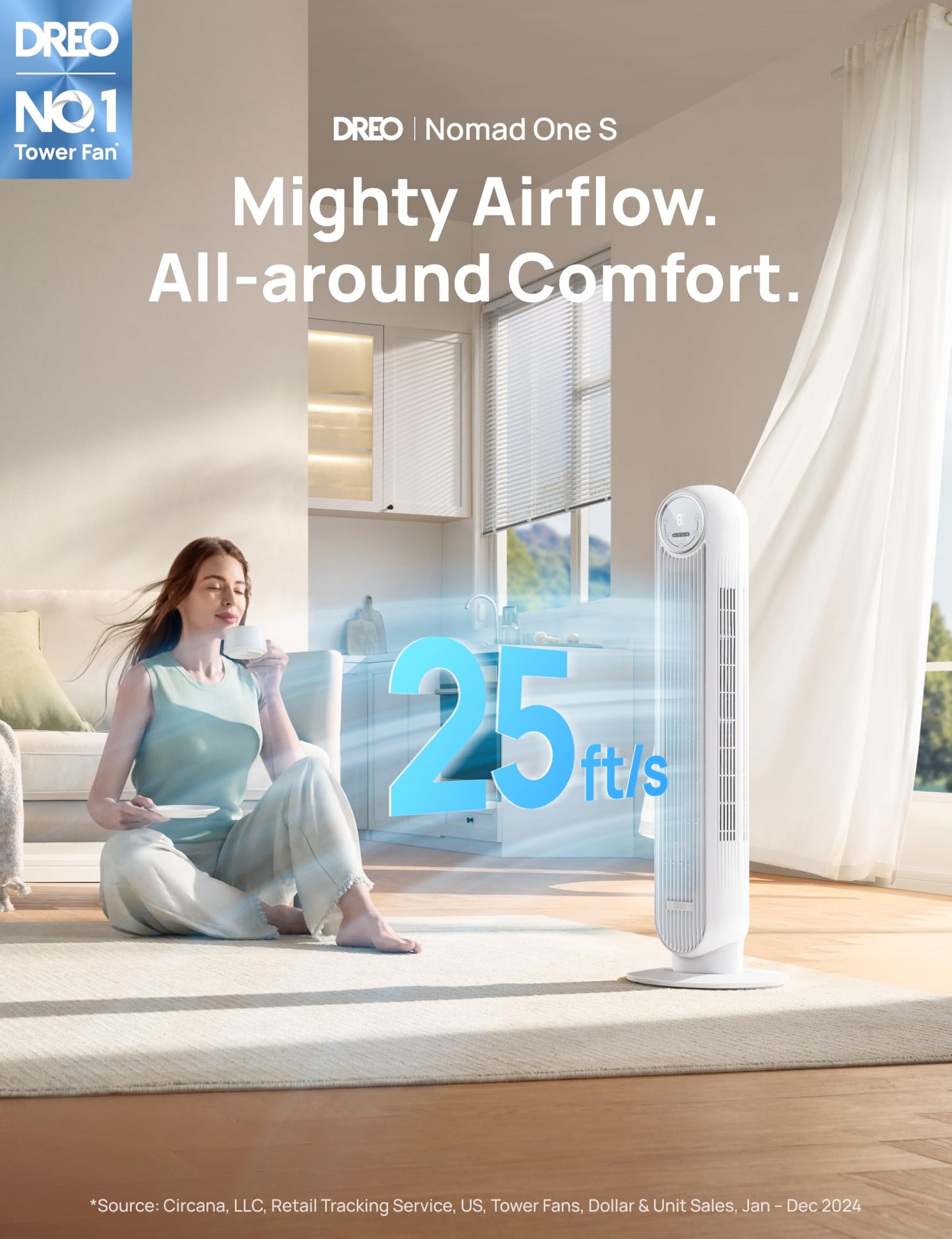 Dreo 28dB Silent Tower Fan, 25ft/s Velocity Electric Cooling Fan with Remote Control 90° Oscillating 4 Speeds 4 Modes 8H Timer LED Display, Quiet Standing Bladeless Floor Fans for Bedroom, White