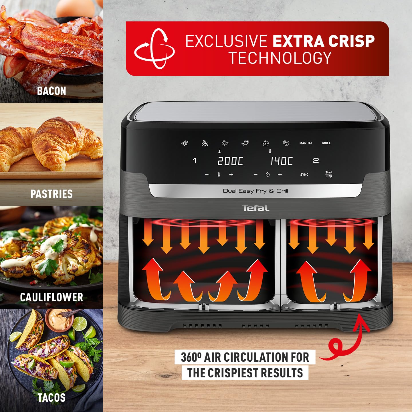 Tefal XXL Dual Easy Fry 11L Air Fryer, Dual Drawer, No Oil, Extra Crisp, Roast, Bake, Reheat, Dehydrate, 7 Pre-set Programs, Dishwasher Safe, 8+ Portions, Java-Grey, EY942BG0