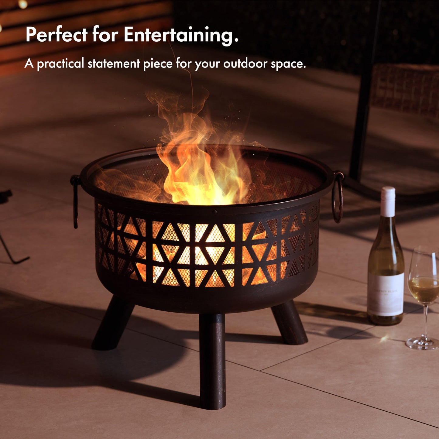 VonHaus Fire Pit – Firepit for Outdoor, Garden, Patio – Portable & Lightweight with Flame Design, Black Bronzed Steel, Fire Poker & Mesh Guard Included, Carry Handles – Use Wood or Charcoal to Fuel