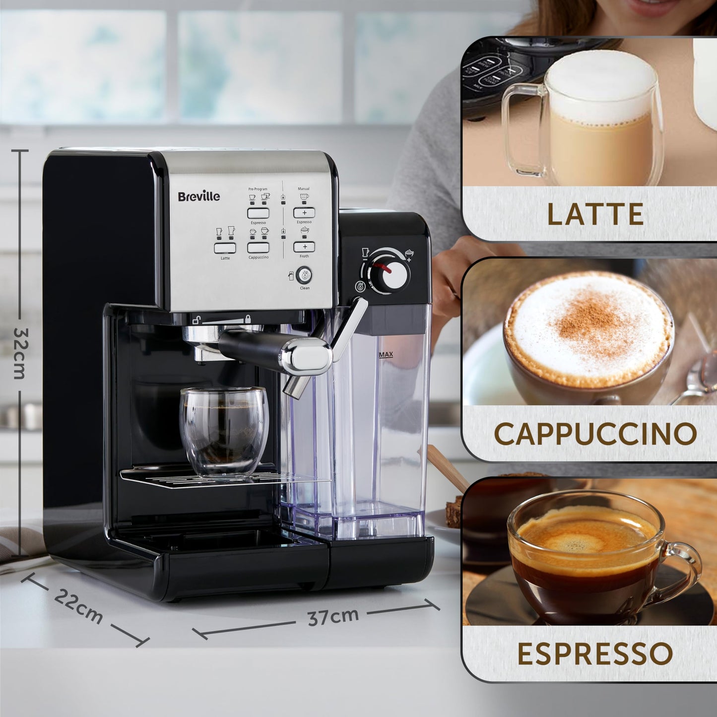 Breville Prima Latte Luxe One Touch Espresso Maker| Espresso, Latte Cappuccino Coffee Maker | 19 Bar Italian Pump | Automatic Milk Frother | ESE Coffee Pod Compatible | Black [VCF166]