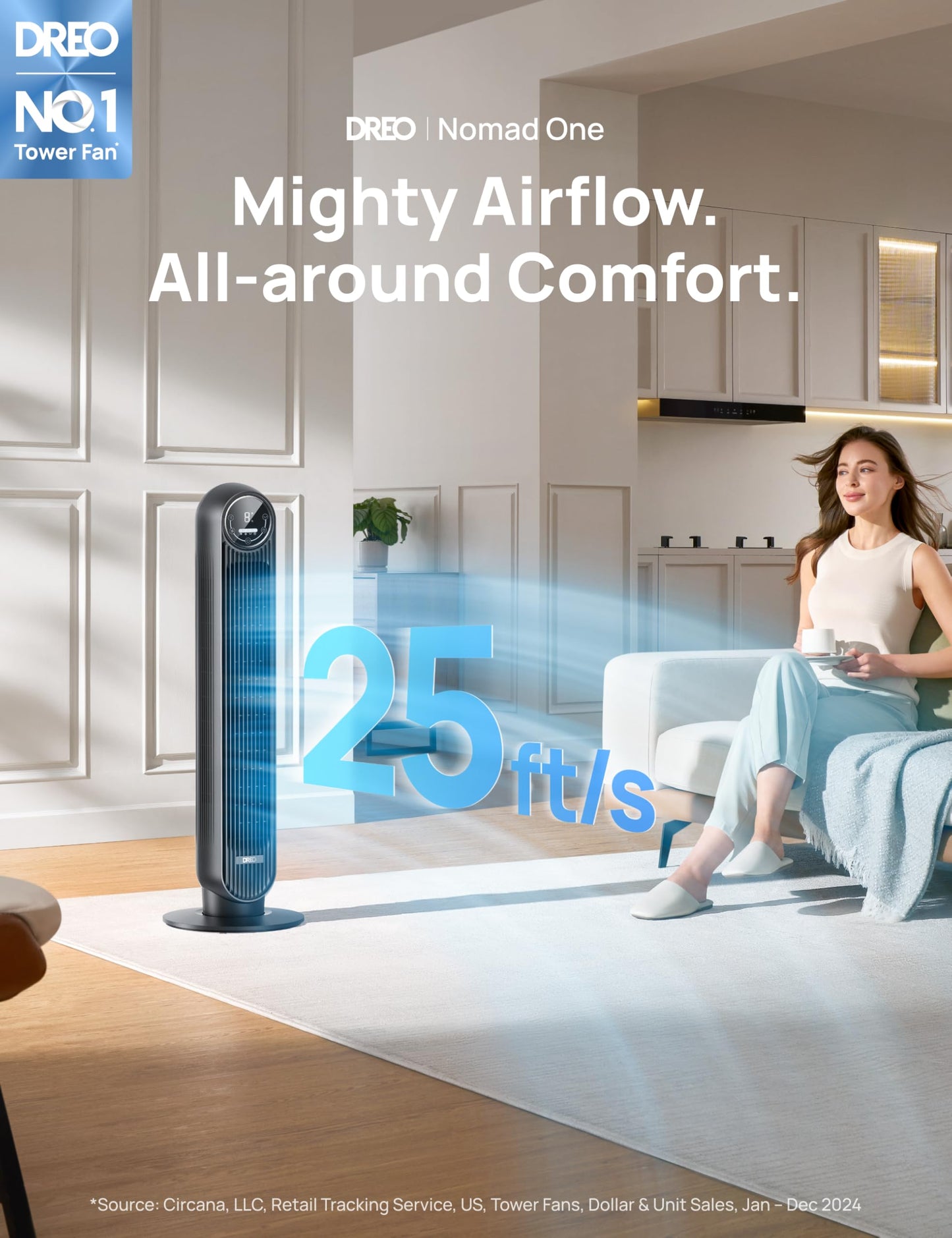 Dreo 28dB Silent Tower Fan, 25ft/s Velocity Electric Cooling Fan with Remote Control 90° Oscillating 4 Speeds 4 Modes 8H Timer LED Display, Quiet Standing Bladeless Floor Fans for Bedroom, Nomad One