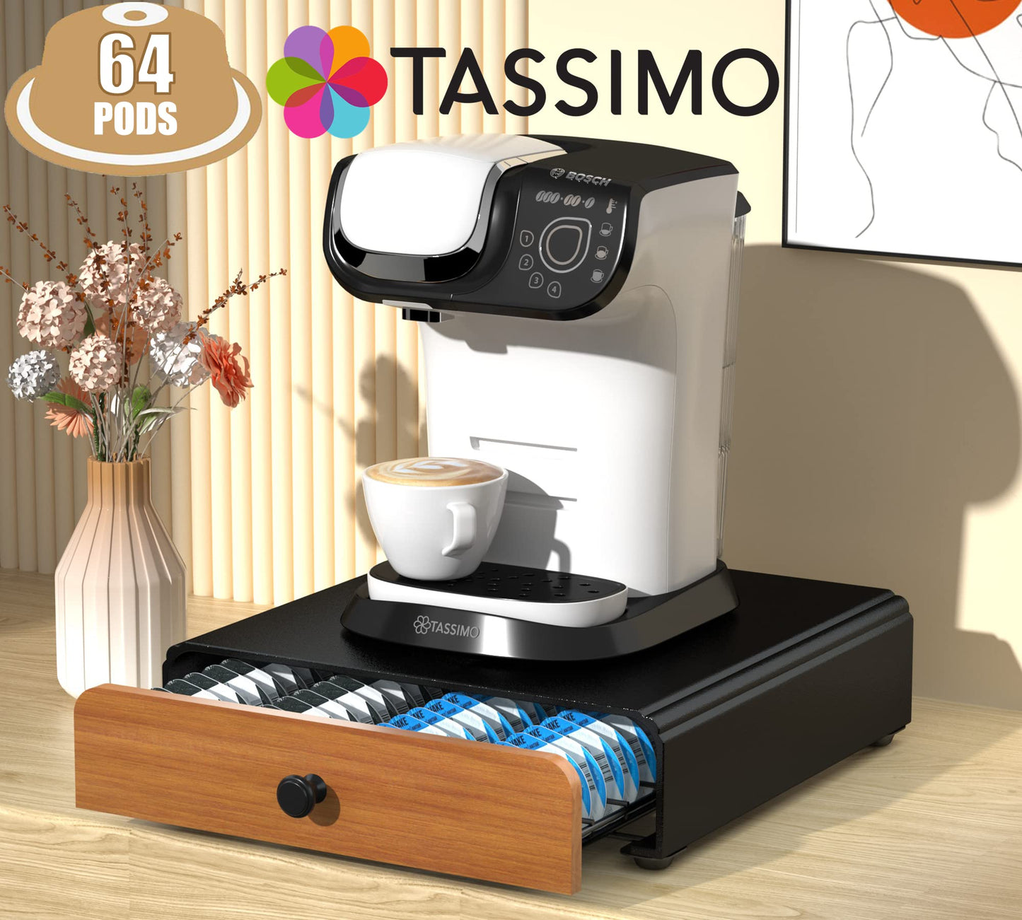 HFHOME Coffee Capsule Drawer Compatible for Tassimo Max Capacity 64 Pods - Tassimo Stand & Pod Storage Drawer, Anti-vibration Design Coffee Station Organizer- Black